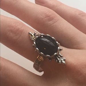 Antiqued silver & black Czech glass ring